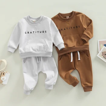Copil Nou-născut Băieți Fete 2 buc Tinuta, Scrisoare de Imprimare Gât Rotund Maneca Lunga Bluze Topuri + Elastic Talie Pantaloni Set 0-3T