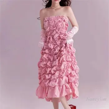 Design Heavy-Duty Cutat Strapless Rochie de Primavara Femei de Moda Printesa Roz Midi Rochii Lungi Petrecerea de Ziua Vestidos 2023