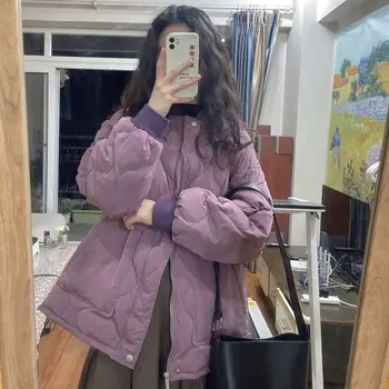 Violet bumbac jacheta femei mijlocul lungime de iarnă 2023 nou versiunea coreeană vrac montarea student de colegiu stil sacou din bumbac de sex feminin