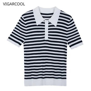 Franceză Vintage Stripe Polo Gât Subțire Tricotate Tricou Femei 2023 Vara Noi cu Maneci Scurte T-shirt Matase de Gheață Slim Fit Premium Top