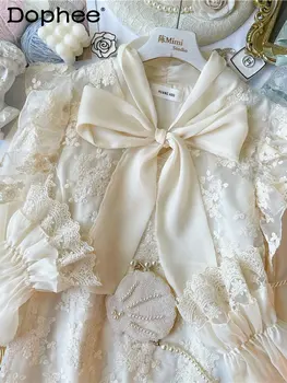 Romantic Francez, Palatul Stil Dantela Tricou Femei Elegante Arc De Flori Brodate Clos Cu Maneci Lungi Blusas Sus 2023 Primăvară Camisas