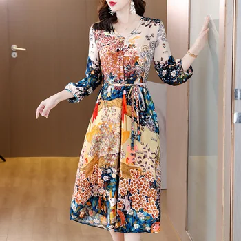 2023 Nou high-end de mătase imprimate rochie de primavara V-neck maneca lunga mătase de dud temperament fusta coreean Vintage, Casual, Rochie de Petrecere