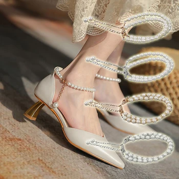 1 Pereche de Perle Pantofi Glezna Bretele Elegante Anti-Alunecare Curea de Dantele Detasabila Tocuri inalte Pantofi Curele cu Sine Pasta pentru Doamnele Decor
