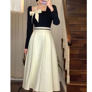 Elegant Hepburn Femei Rochii 2023 Primăvară Coreeană De Moda Chic Piața Arcul De Guler Maneca Lunga Vestidos Mozaic Balul De Absolvire O Rochie De Linie