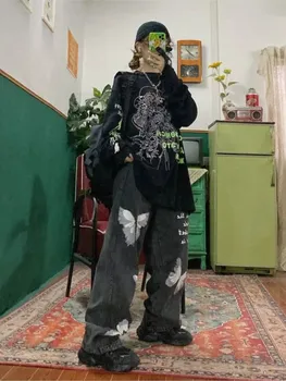 Femei Punk ' 90 Gotic Blugi Vintage Fluture de Imprimare Largi Picior Pantaloni Largi Harajuku Pantaloni din Denim Grunge Jean Pantaloni Y2K Haine