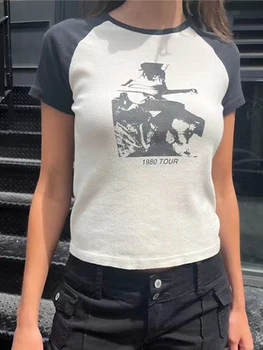 Femeile Mozaic Din Bumbac Cu Maneci Scurte T-Shirt De Epocă Harajuku Chitara Print Slim Y2k Topuri De Vara Streetwear Crop Top De Sex Feminin