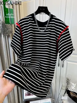 KUSAHIKI Moda Contrast de Culoare cu Dungi Maneca Scurta Tricou Femei de Vară de Cauzalitate Bottom Topuri 2023 Noi O-gât Grafic T Shirt