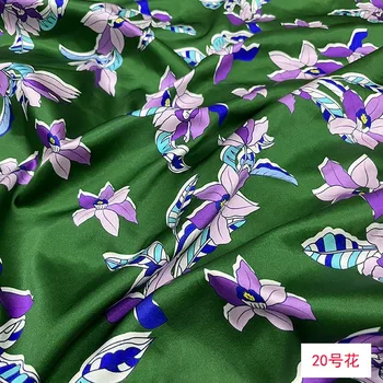 Violet Florale Imprimate de culoare verde închis 19momme Stretch de Mătase, Tesatura Satin MulberrySilk
