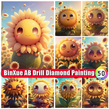 BinXue Colorat Floarea soarelui AB Diamant Pictura Kit de Desene animate Drăguț Plante de goblenuri lucrate Manual DIY Diamant Mozaic Decor Acasă Cadou