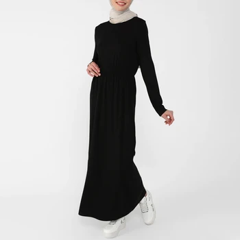 Modest Abayas Pentru Femei Maxi Rochii Cu Maneci Lungi Talie Subțire Femme Rochie Negru Solid Guler Rotund Elegant Halat Musulmane Eid 2022