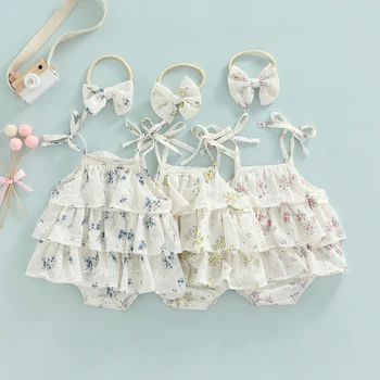 Citgeett Summer Infant Fete pentru Copii Body fără Mâneci Florale Multi-strat Cutat Salopeta Cute Bow Headband Haine