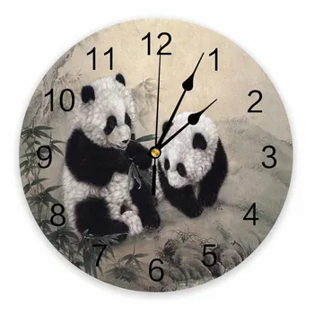 Animal Panda Bambus Cerneală Pictura Decorativa Ceas De Perete Rotund Design Personalizat Non Scurge Tăcut Dormitoare Ceas De Perete Mare