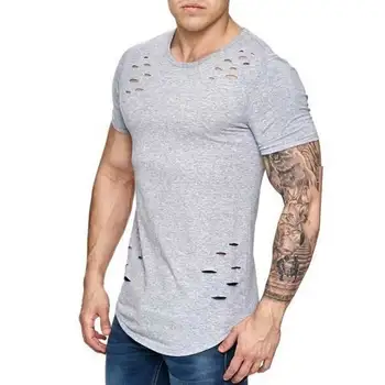 B2868 Gaură tricouri barbati cu maneci scurte t-shirt de fitness haine de vară pentru bărbați amuzant solidă tricou streetwear slim topuri tricouri