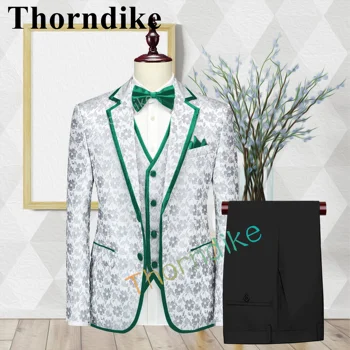 Thorndike Noi Haute Couture Model De Costum De Nunta Mirele Casual Tesatura Jacquard Tuxedo Cavalerii De Onoare Verde Hemming Costum 3 Piese