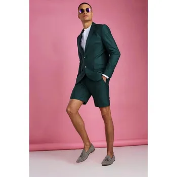 Personalizate de culoare Verde Închis Mirele Smoching se Potrivesc Subțire pentru Bărbați Costume Pentru Nunta 2 buc(Sacou+Pantaloni scurti+Cravata)Cavaler de onoare Purta Sacou Pantaloni