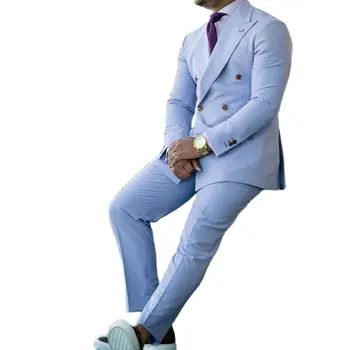 Cer Albastru Bărbați Costume de Afaceri 2 Lucrare, Costum Om Atins Rever Dublu Pieptul Blazer trajes de hombre Haina +Pantalon Personalizate
