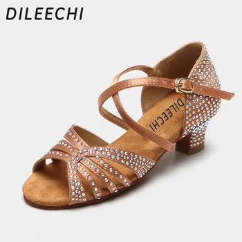 DILEECHI Diamant Decorate Satin pantofi de dans latino Material Bronz Inchis de Culoare Neagra cu Toc mic 45mm Adolescenți latină Pantofi de Dans, Sandale