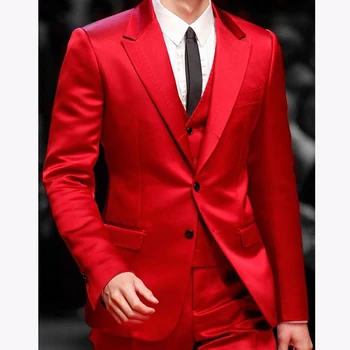 2023 Slim Fit Rosu Bărbați Costume pentru Bal Cantareata Etapa 3 Bucată de Satin de Nunta Mirele Smochingul Masculin de Moda Sacou Vesta Cu Pantaloni