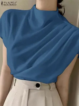 ZANZEA Supradimensionat 2023 Vara Tunici Femei Stand Guler Camasi Vintage Plisat Umăr Topuri de Moda coreeană Solid Naveta Bluza
