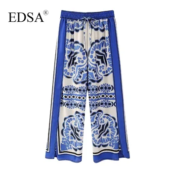 EDSA de Moda pentru Femei Imprimate cu Albastru, Pantaloni de Pijama 2023 Vară Stil Plajă talie mijlocie Betelie Elastică Reglabilă Șnururi