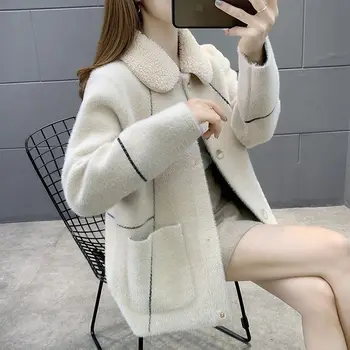 Femeile 2021 Nou Toamna Iarna Coreean Elegant Liber Pulover Tricotate Femei Imitație De Blană De Nurcă De Catifea Rever Gât Butoane Cardigan R1