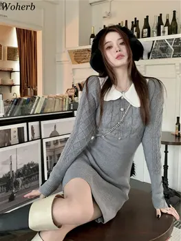 Woherb Dulce Rochii Tricotate Femei Maneca Lunga Tunica Vintage Halat Femme 2023 Vestidos De Mujer De Moda Coreeană Rochie Bodycon Mini