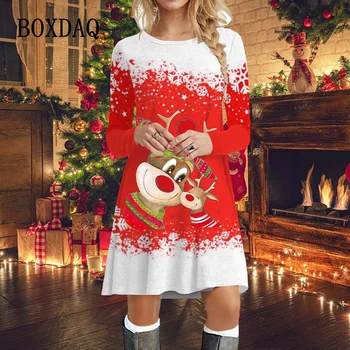 Drăguț De Crăciun Elan De Imprimare Rochii Pentru Toamna De Moda Cu Maneci Lungi Vrac A-Line Rochie Casual Pentru Femei Rochie De Petrecere 2023 Îmbrăcăminte De Iarnă
