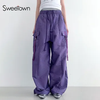 Sweetown Violet Moda coreeană Buzunare Largi Picior Pantaloni Femei Elastic Talie Mare Streetwear 90 Pantaloni Largi Harajuku