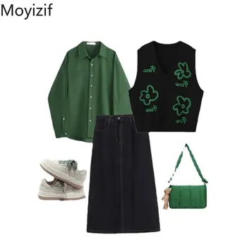 Moyizif Preppy Fuste Seturi Verde Tricouri Imprimate Veste Denim Fusta Coreeană De Moda Vintage Set De Trei Piese 2023 Tinutele Feminine