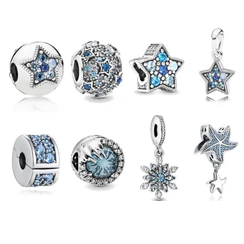 Noi Argint 925 Spumante Albastru Crescute Stele Pavé Farmecul Șirag de mărgele Original se Potrivesc Brățară DIY Bijuterii Pentru Femei, Cadou