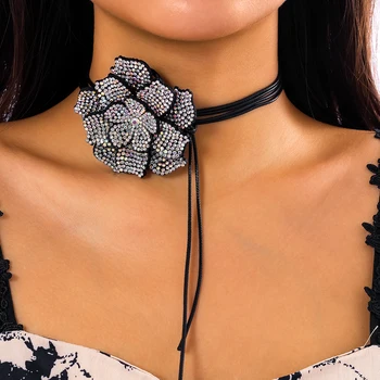 IngeSight.Z Lux Complet Stras Mare A Crescut De Flori Cravată Colier Pentru Femei Din Piele Neagră Ceara Coarda Clavicula Lanț Reglabil Gât
