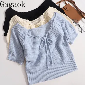 Gagaok Knit T-shirt Femei 2023 Vara Noi Solidă Slash Gât Lace Up Teuri Subțire de Moda Streetwear Uza de Moda Sălbatic Pulovere