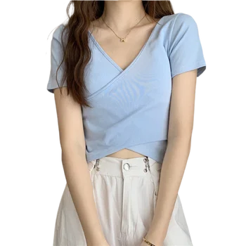 Femei Sexy Cruce V-Gât Subțire cu Mânecă Scurtă T-Shirt 2023 Vara Noi Fete coreene Casual Culoare Solidă Culturilor Topuri