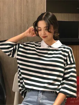 Studenți coreeni Liber cu Dungi Guler Maneci Scurte T-shirt Femei Vara Femei haine Casual Grilă T-Shirt, Blaturi Tee top crop 