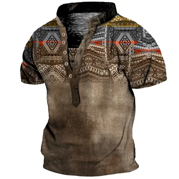 Men ' s T-shirt digital nou tipărite de Vest tribal stil retro tineri barbati casual cu maneci scurte Henry tricou pentru bărbați T-shirt