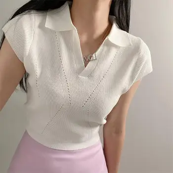 2023 Vara coreean Noul POLO Neck Short Sleeve Top Slim Fit Scurte Tricotate T-shirt Femei Culturilor de Sus