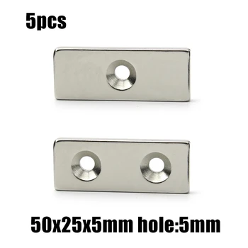 5pcs 50x25x5mm orificiu:5mm /dublă gaura Bloc Magnet de Neodim NdFeB N35 50x25x5-5 mm foarte Puternic Magnetic Permanent