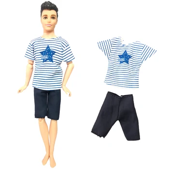 NK 1 BUC Uzura Casual cu Maneci Scurte cu Dungi T-shirt Model Topuri, Blugi Pantaloni Funduri Costum de Haine pentru Papusa Barbie Papusa Ken