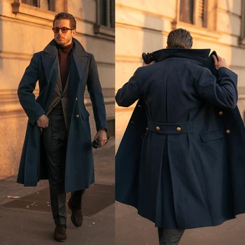 Adânc de Iarnă Albastru Bărbați Palton Lung Frumos Streetwear Domnilor Singur Pieptul Personalizate de Agrement Strat-O singură Bucată