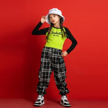 Fete Cool Hip Hop Îmbrăcăminte Verde Crop Top cu Maneci Lungi Tricou Streetwear Carouri Pantaloni pentru Copii de Dans Costum de Haine de Scenă