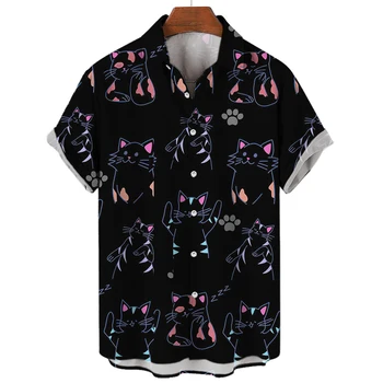 Men ' s Cămașă Kawaii Cat de imprimare de Moda cu Maneci Scurte Om Streetwear Îmbrăcăminte Casual Barbati Tricou Amuzant Graphic T Camasa de Vara Buton