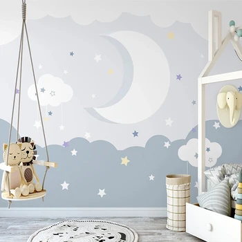 Fotografie Tapet Nordic Simplu Pictate manual 3D Luna Cerul Înstelat pictura Murala pentru camere de Copii Fundal Decor de Perete Papel De Parede 3 D