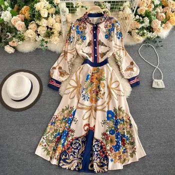 Casual, Rochii Midi Femei Vintage Rochie de Imprimare Toamna Stand Guler Buton Maneca Lunga-linie coreeană de Moda Streetwear